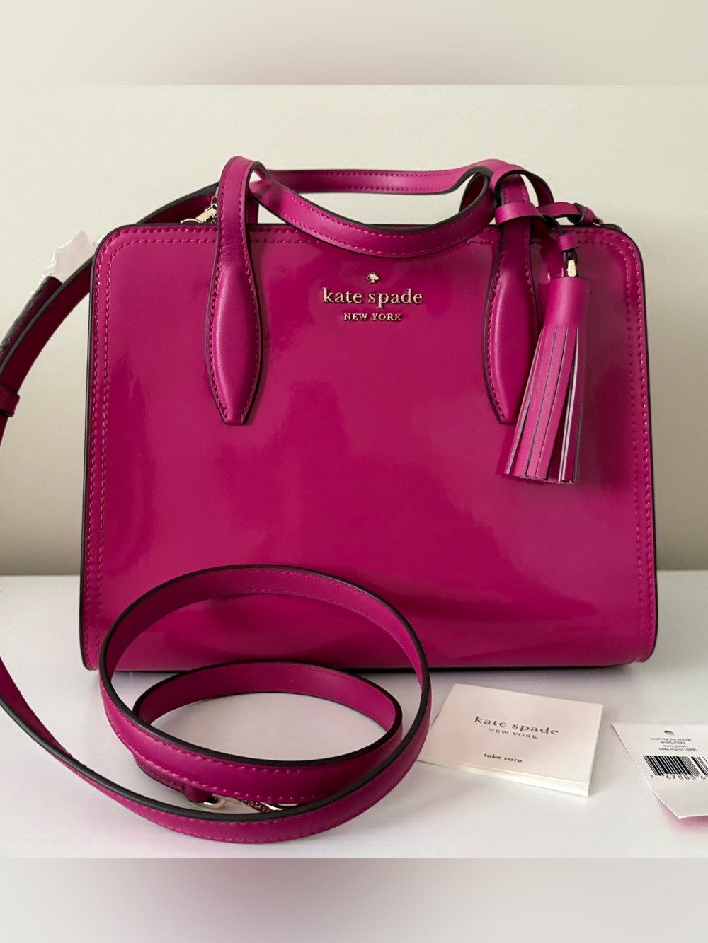 kate spade Hot Pink Patent Leather Satchel with Tassel Rowe.